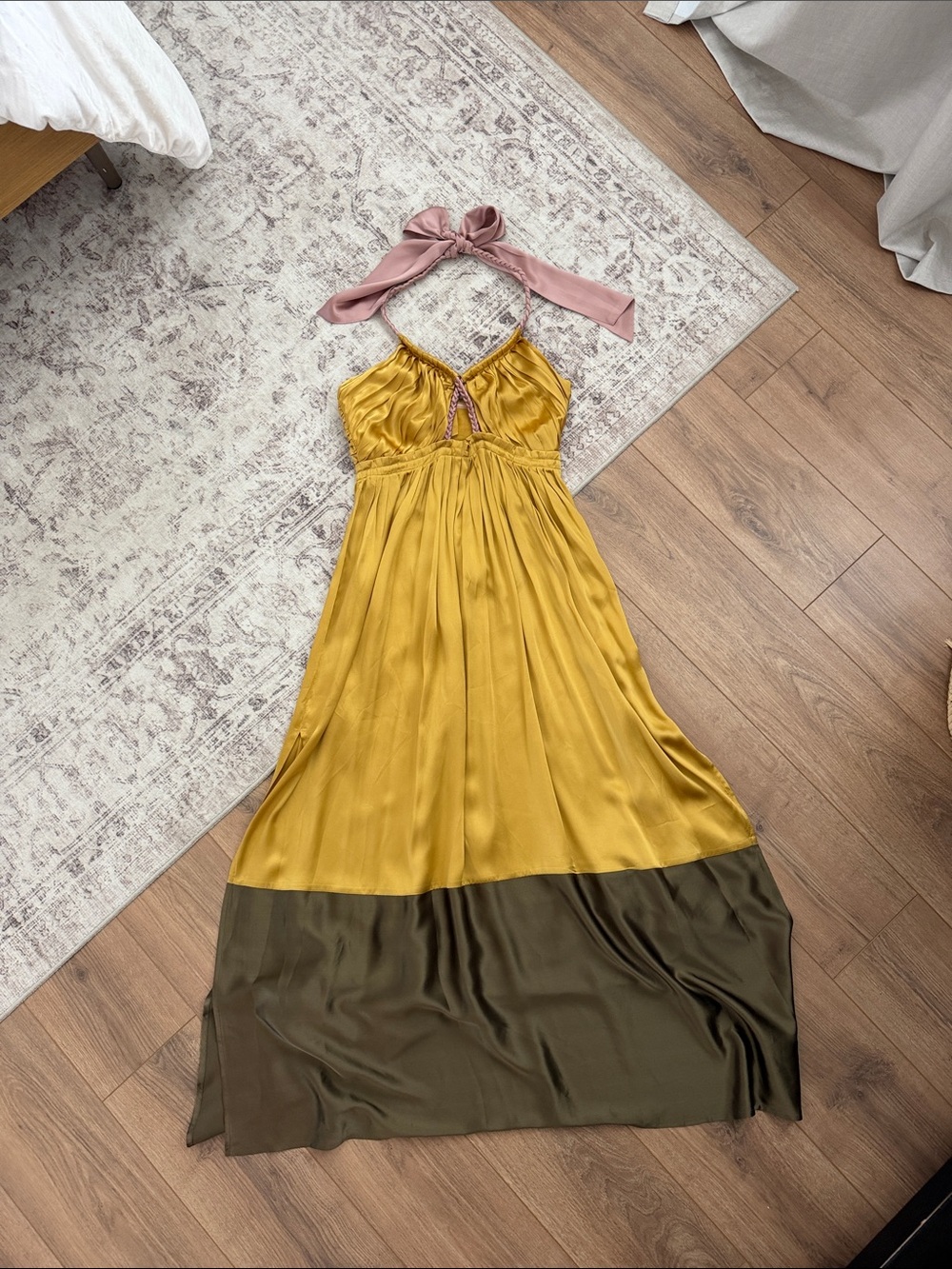 Anthropologie - Satin Halter Maxi Dress in Mustard and Olive